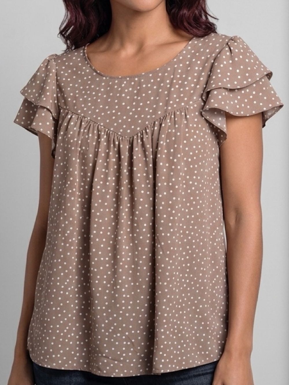 Andree Taupe Polka Dot Ruffle Sleeve Top